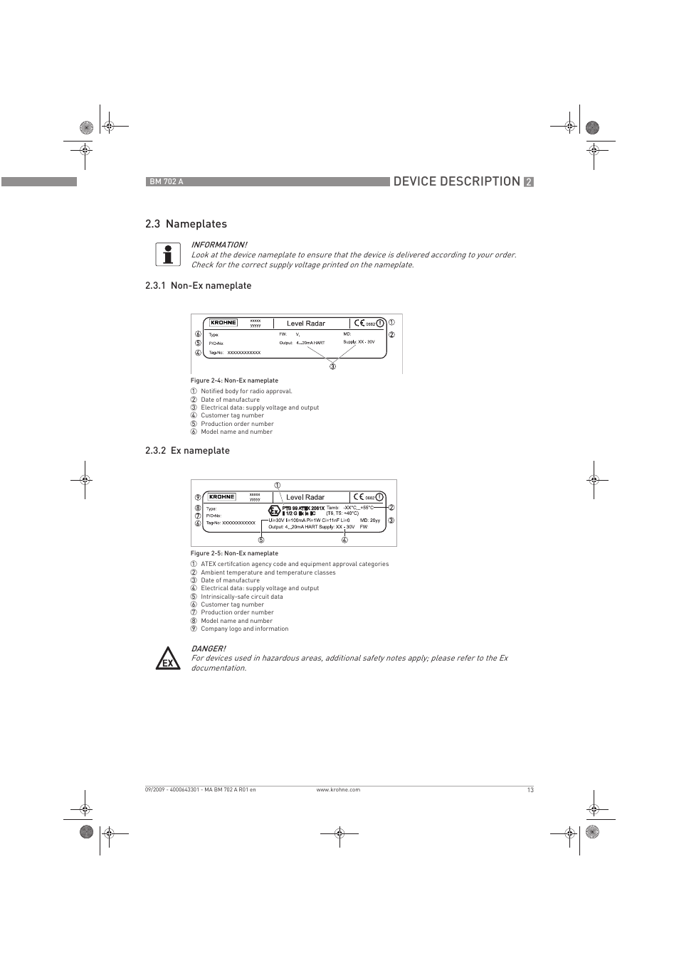 Device description, 3 nameplates | KROHNE BM 702 A EN User Manual | Page 13 / 60