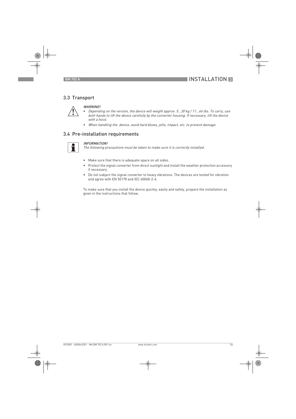 Installation, 3 transport 3.4 pre-installation requirements | KROHNE BM 702 A EN User Manual | Page 15 / 60