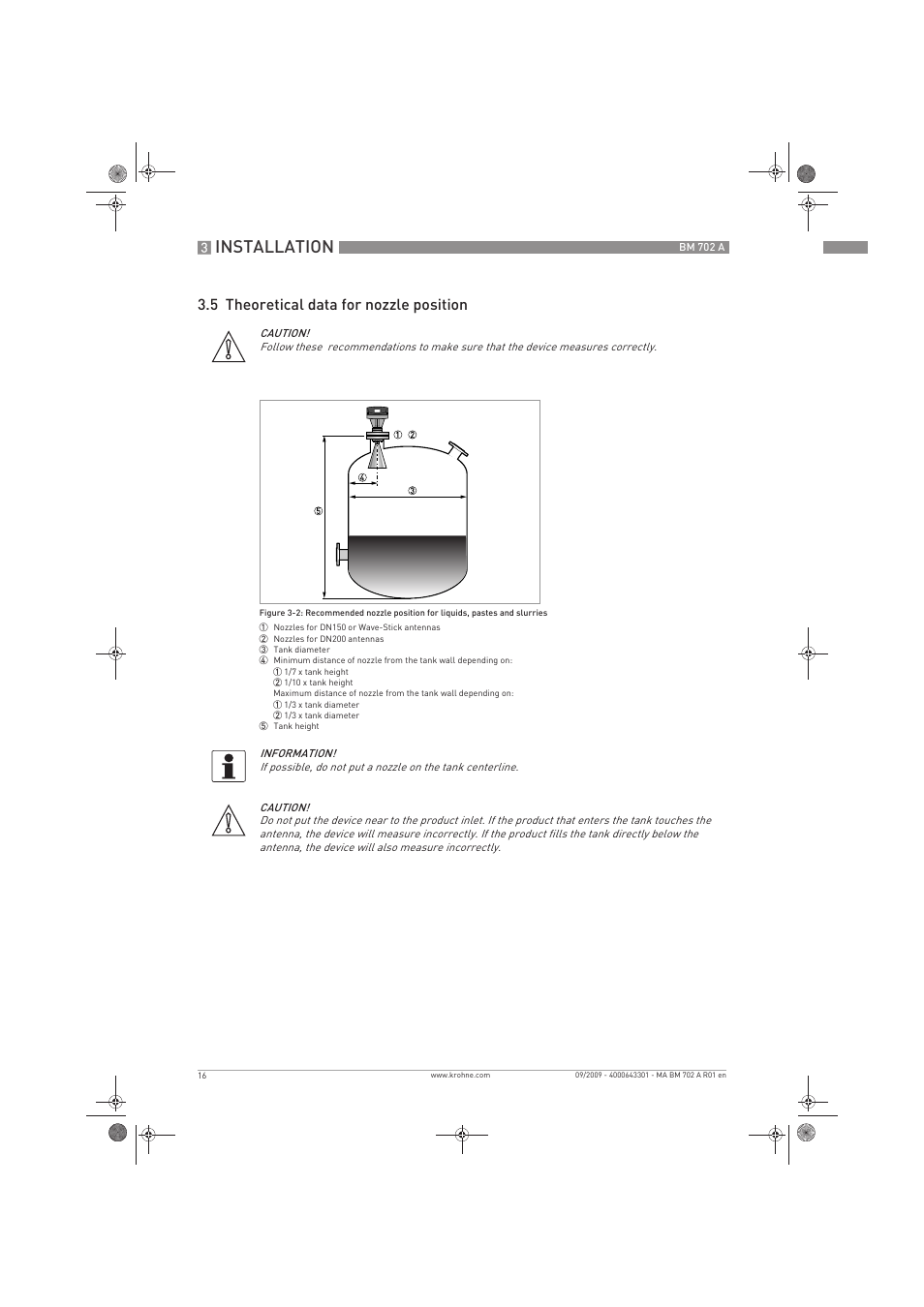 Installation, 5 theoretical data for nozzle position | KROHNE BM 702 A EN User Manual | Page 16 / 60