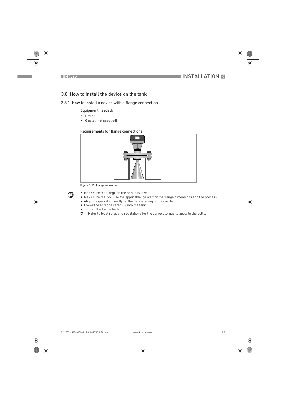 Installation, 8 how to install the device on the tank | KROHNE BM 702 A EN User Manual | Page 25 / 60