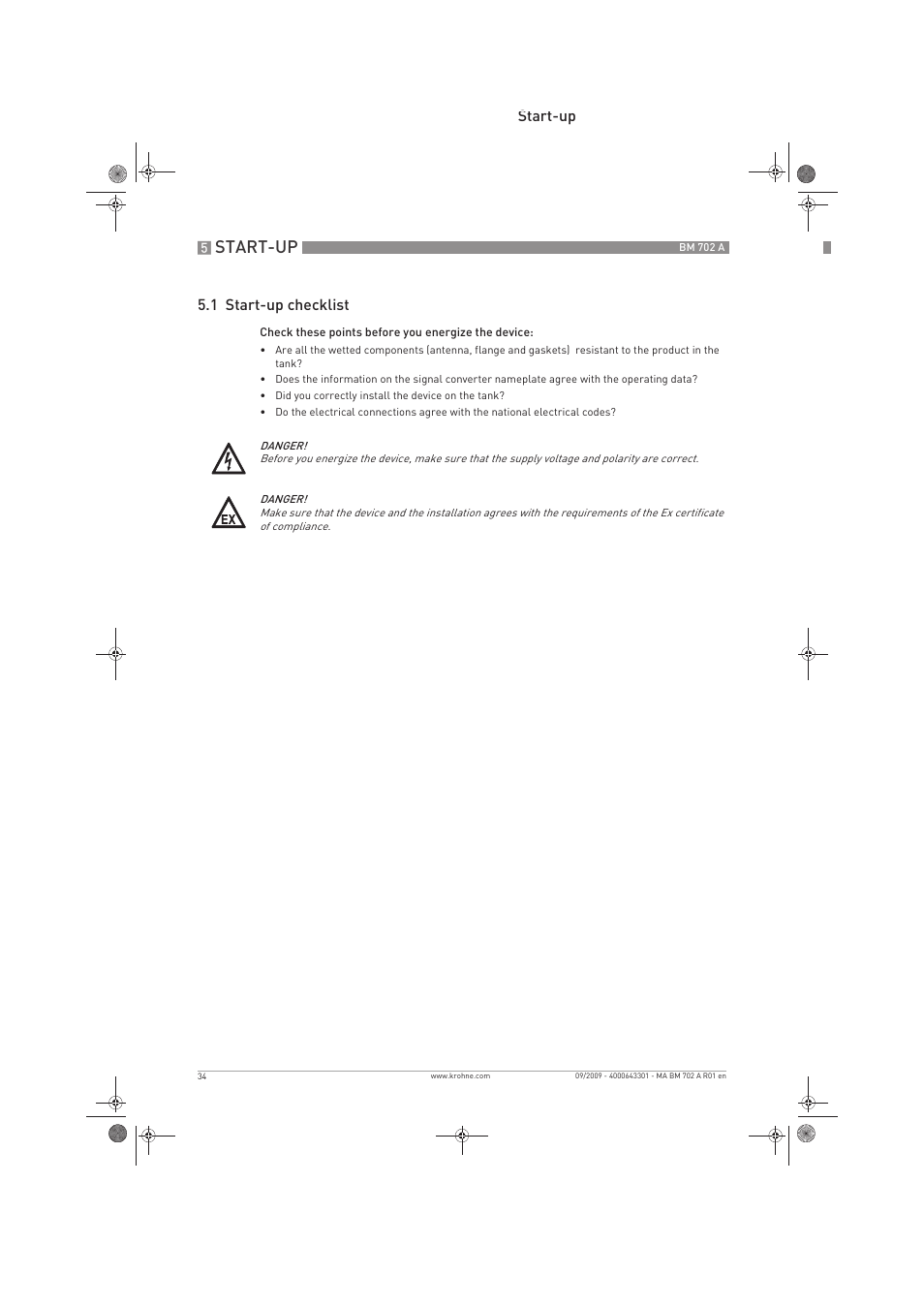 Start-up, Start-up 5.1 start-up checklist | KROHNE BM 702 A EN User Manual | Page 34 / 60