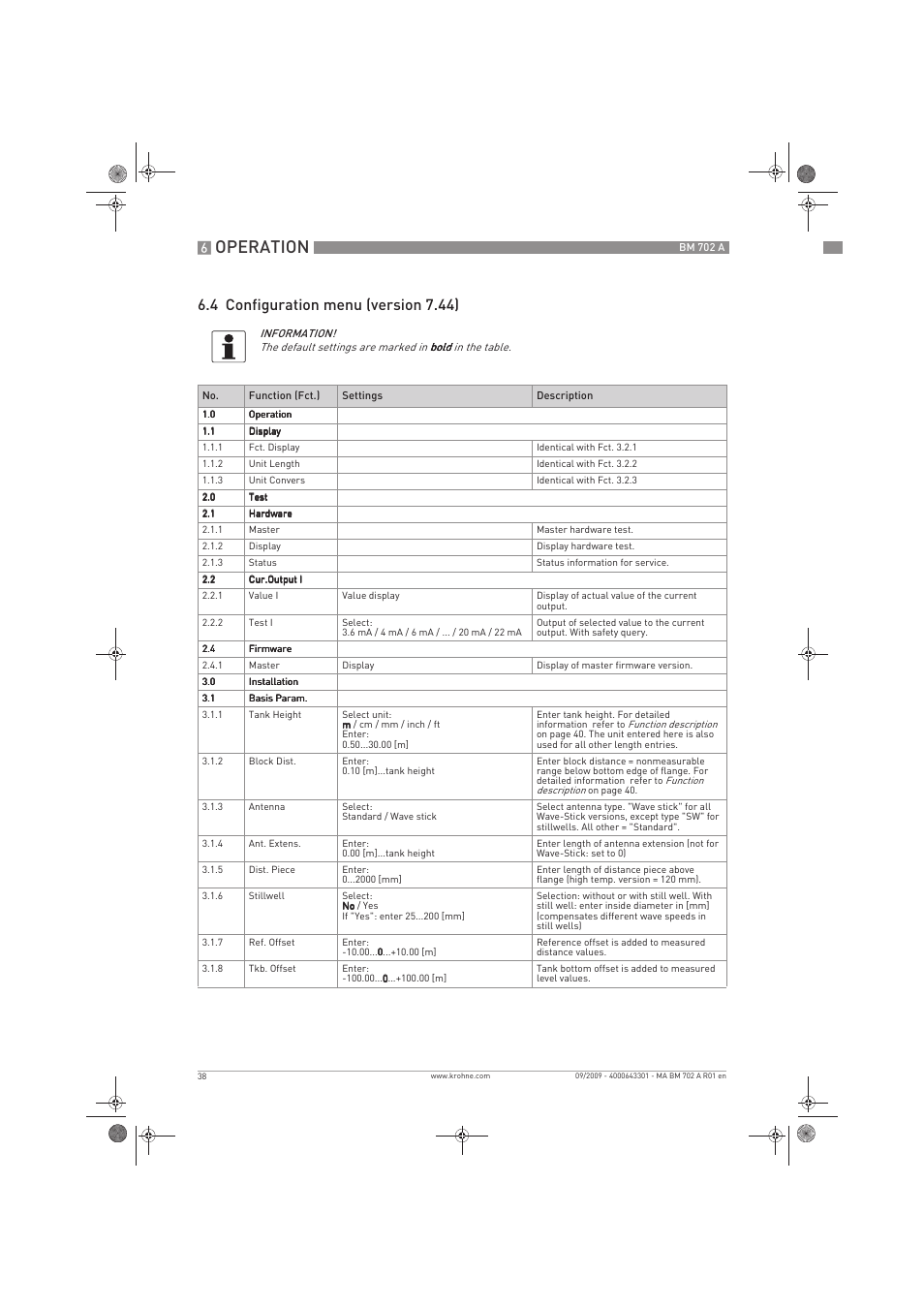 Operation, 4 configuration menu (version 7.44) | KROHNE BM 702 A EN User Manual | Page 38 / 60