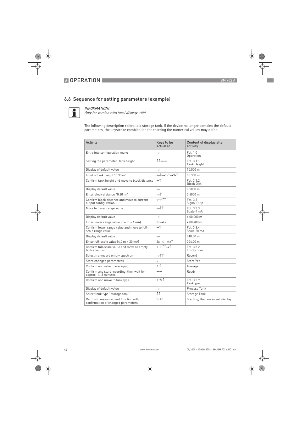 Operation, 6 sequence for setting parameters (example) | KROHNE BM 702 A EN User Manual | Page 44 / 60