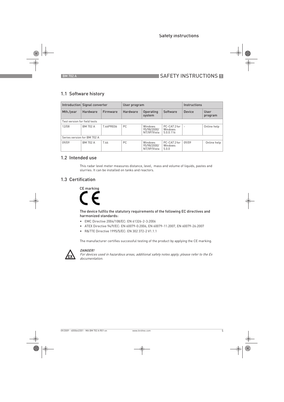 Safety instructions, 3 certification | KROHNE BM 702 A EN User Manual | Page 5 / 60