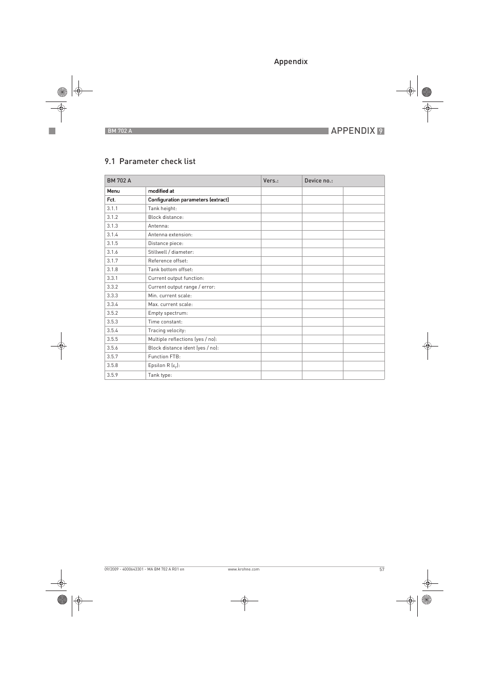 Appendix, Appendix 9.1 parameter check list | KROHNE BM 702 A EN User Manual | Page 57 / 60
