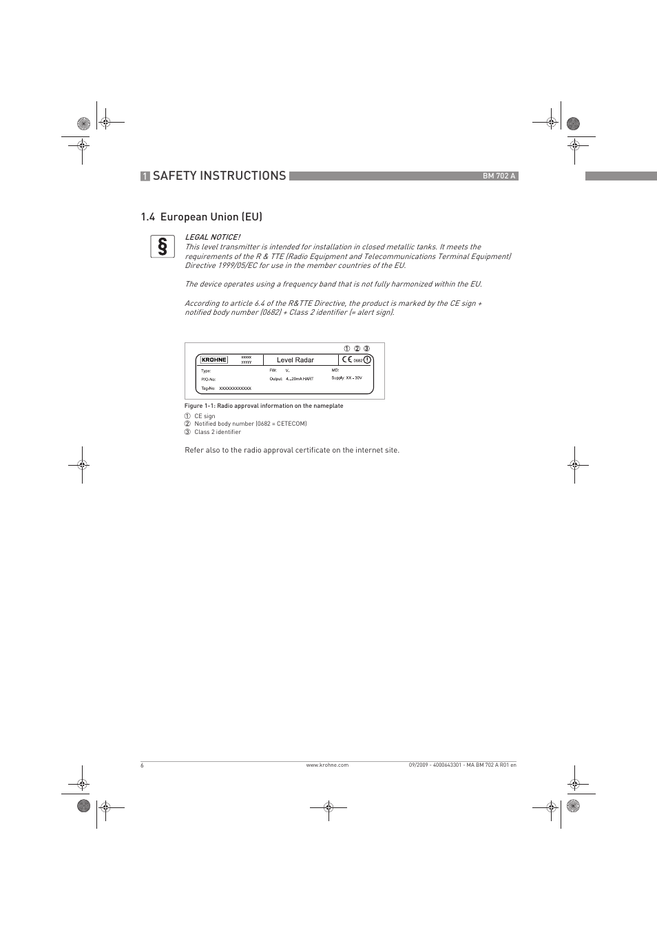 Safety instructions, 4 european union (eu) | KROHNE BM 702 A EN User Manual | Page 6 / 60