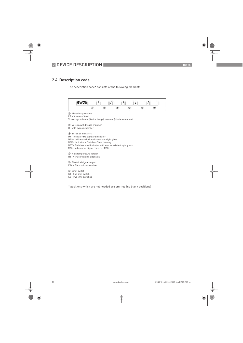 Device description, 4 description code | KROHNE BW 25 EN User Manual | Page 12 / 52