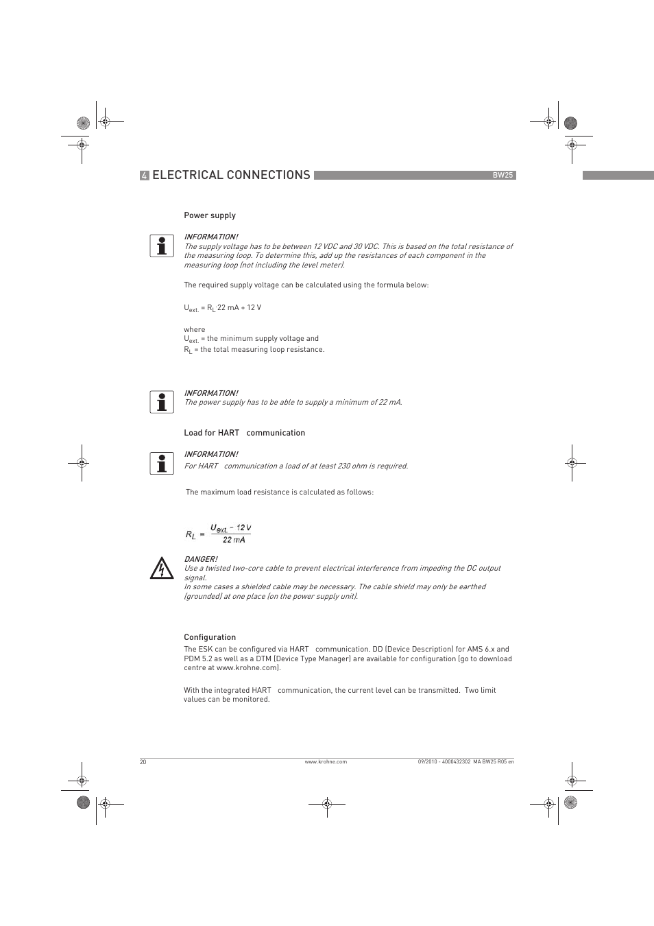 Electrical connections | KROHNE BW 25 EN User Manual | Page 20 / 52