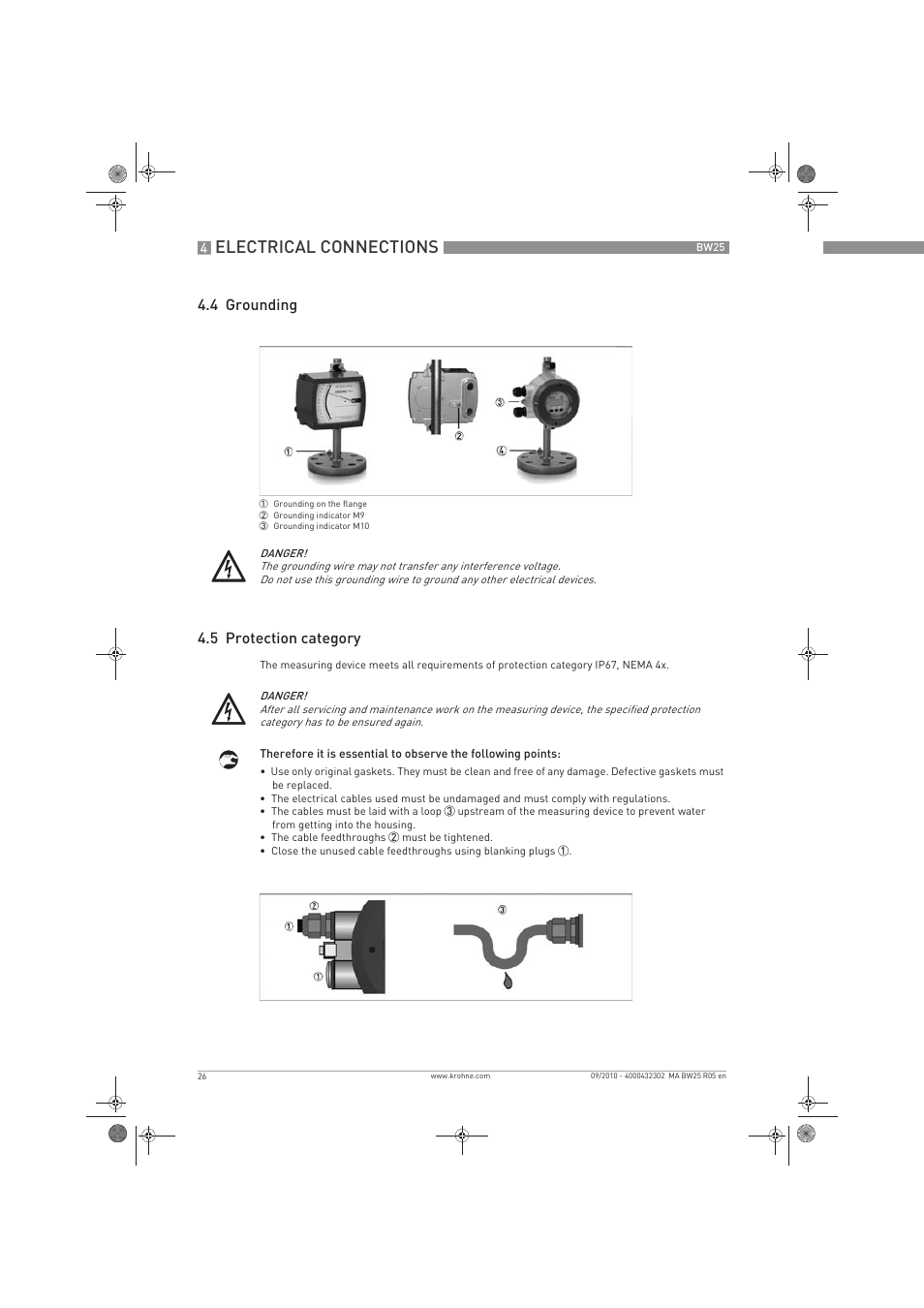 Electrical connections, 4 grounding 4.5 protection category | KROHNE BW 25 EN User Manual | Page 26 / 52