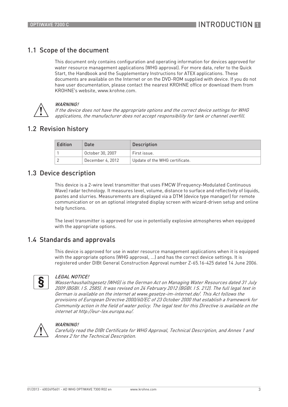 Introduction, 1 scope of the document, 2 revision history 1.3 device description | 4 standards and approvals | KROHNE OPTIWAVE 7300 WHG Overfill Protection EN User Manual | Page 3 / 12