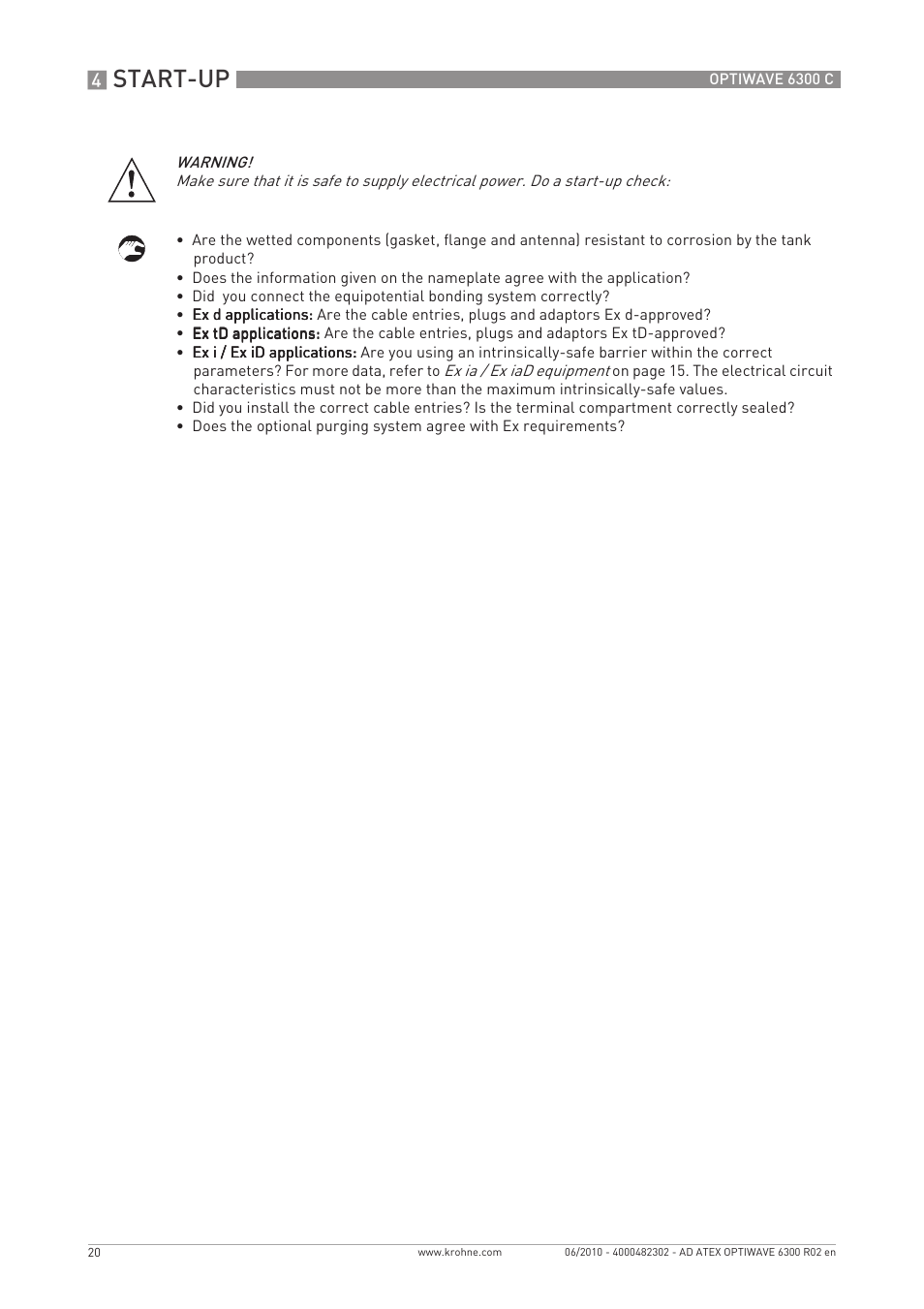 Start-up | KROHNE OPTIWAVE 6300C ATEX EN User Manual | Page 20 / 24