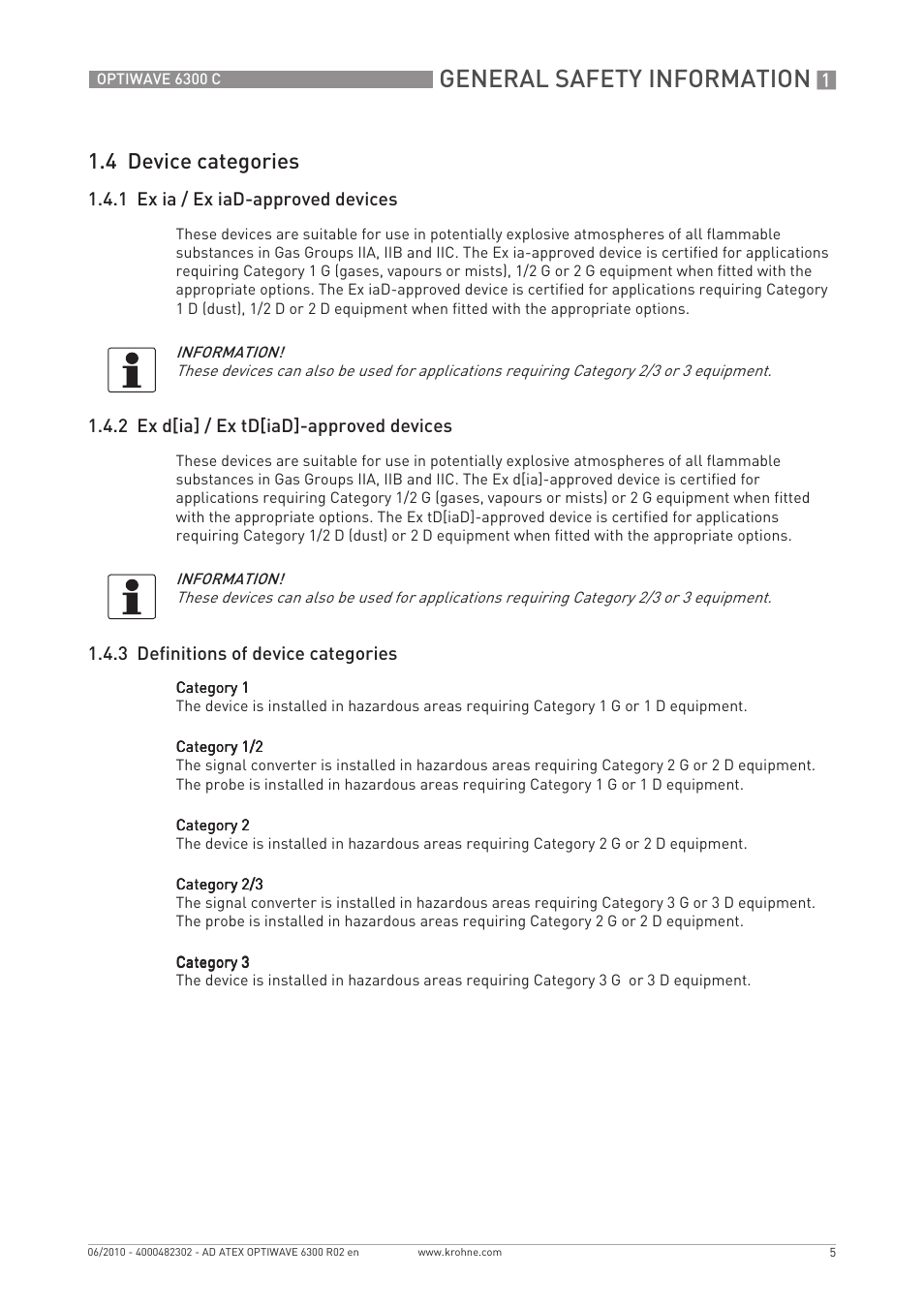 General safety information, 4 device categories | KROHNE OPTIWAVE 6300C ATEX EN User Manual | Page 5 / 24