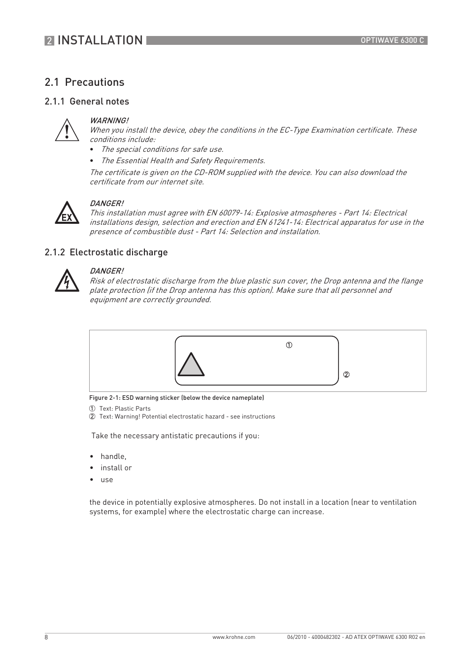 Installation, Plastic parts, 1 precautions | KROHNE OPTIWAVE 6300C ATEX EN User Manual | Page 8 / 24