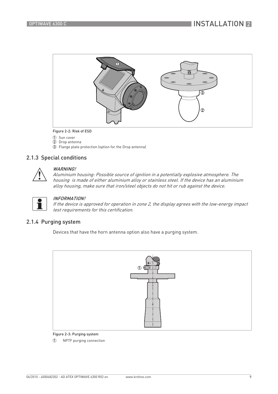 Installation, 3 special conditions 2.1.4 purging system | KROHNE OPTIWAVE 6300C ATEX EN User Manual | Page 9 / 24