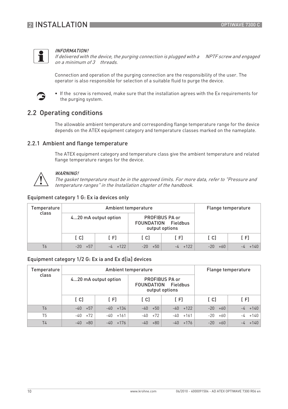 Installation, 2 operating conditions, 1 ambient and flange temperature | KROHNE OPTIWAVE 7300C ATEX EN User Manual | Page 10 / 24