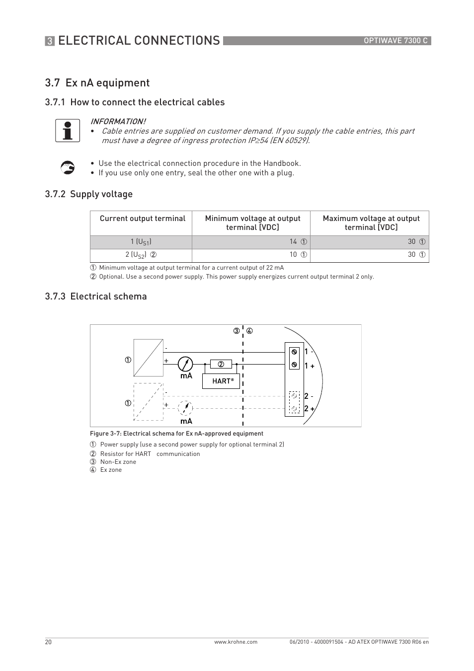 Electrical connections, 7 ex na equipment, 1 how to connect the electrical cables | 2 supply voltage 3.7.3 electrical schema | KROHNE OPTIWAVE 7300C ATEX EN User Manual | Page 20 / 24