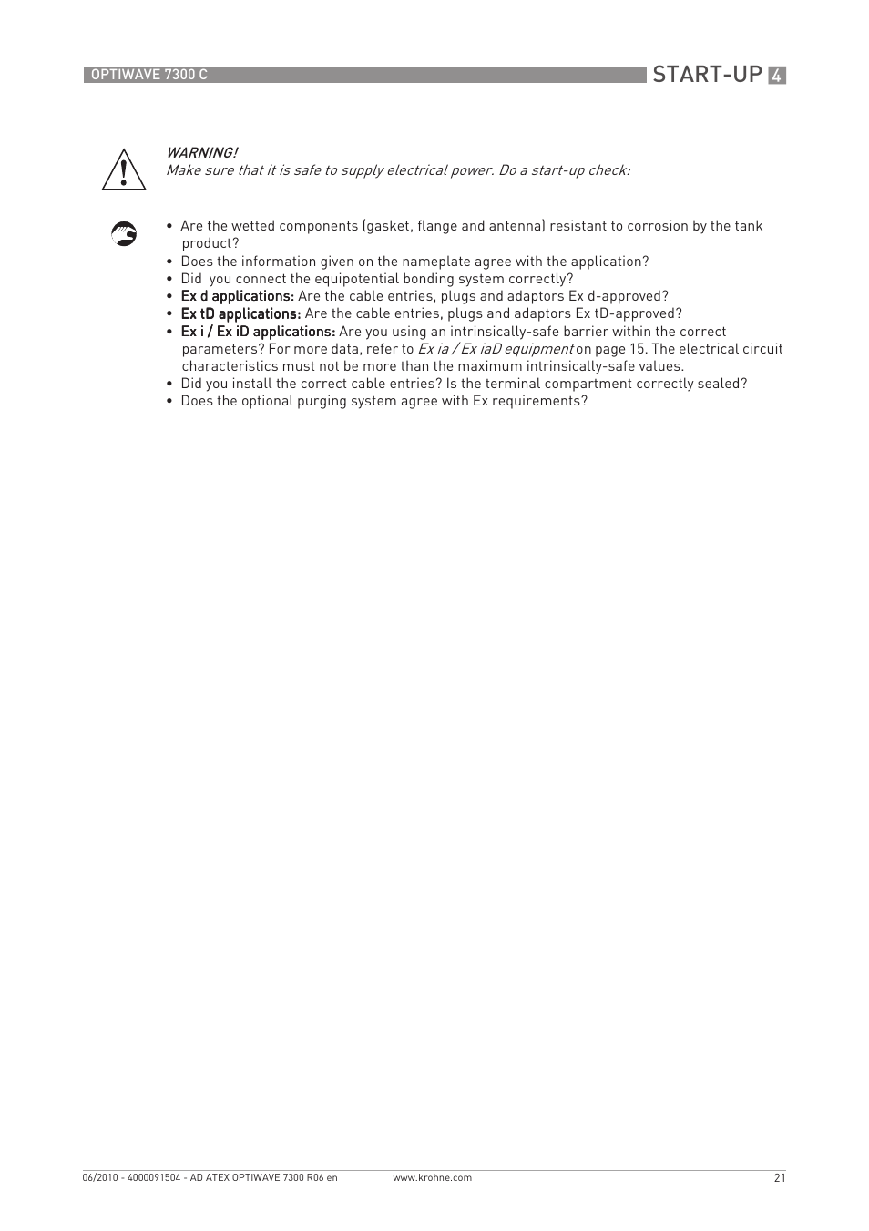 Start-up | KROHNE OPTIWAVE 7300C ATEX EN User Manual | Page 21 / 24