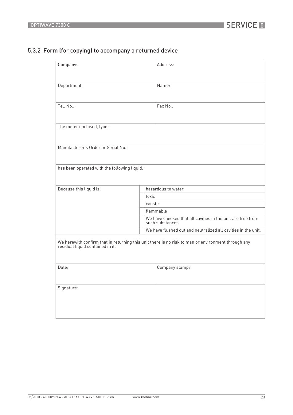 Service | KROHNE OPTIWAVE 7300C ATEX EN User Manual | Page 23 / 24