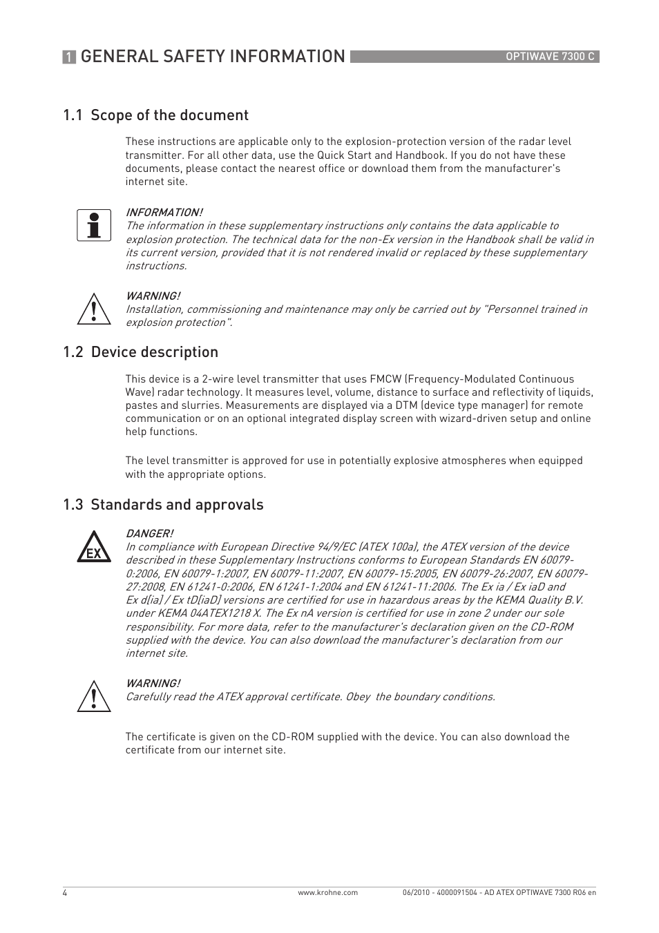 General safety information, 1 scope of the document, 2 device description | 3 standards and approvals | KROHNE OPTIWAVE 7300C ATEX EN User Manual | Page 4 / 24