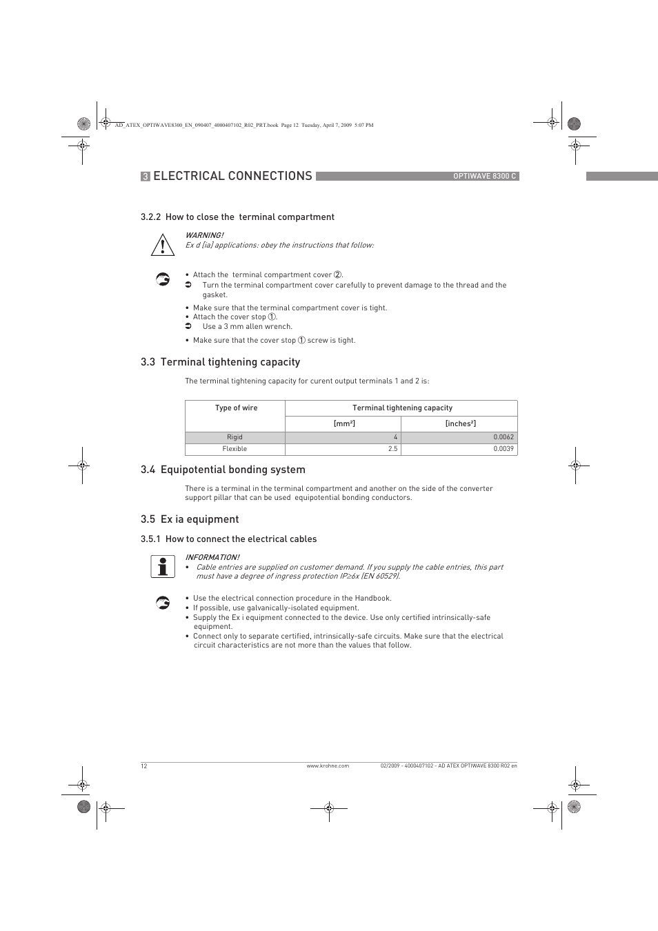 Electrical connections, 3 terminal tightening capacity, 4 equipotential bonding system | 5 ex ia equipment | KROHNE OPTIWAVE 8300C Marine ATEX EN User Manual | Page 12 / 28