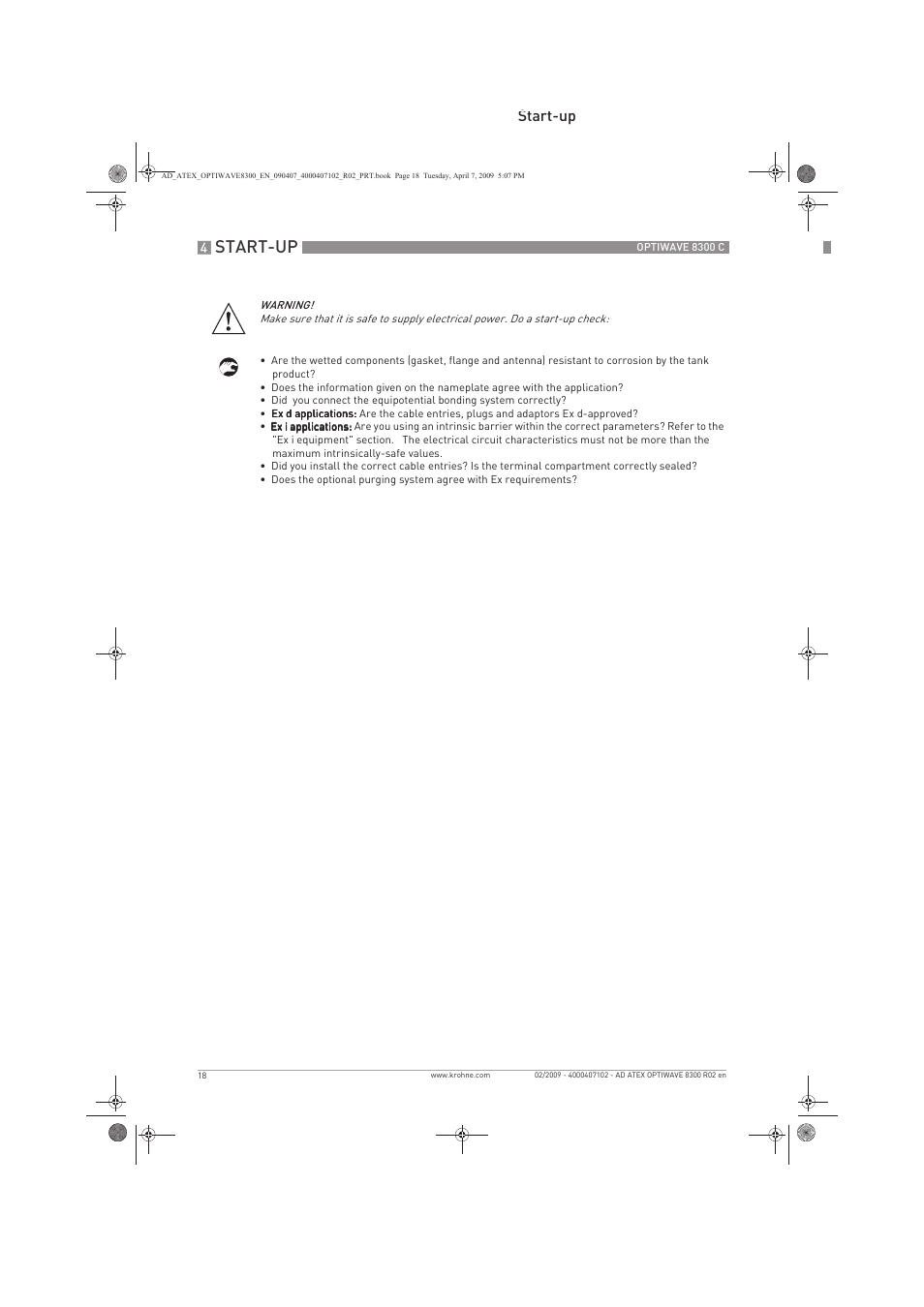 Start-up | KROHNE OPTIWAVE 8300C Marine ATEX EN User Manual | Page 18 / 28