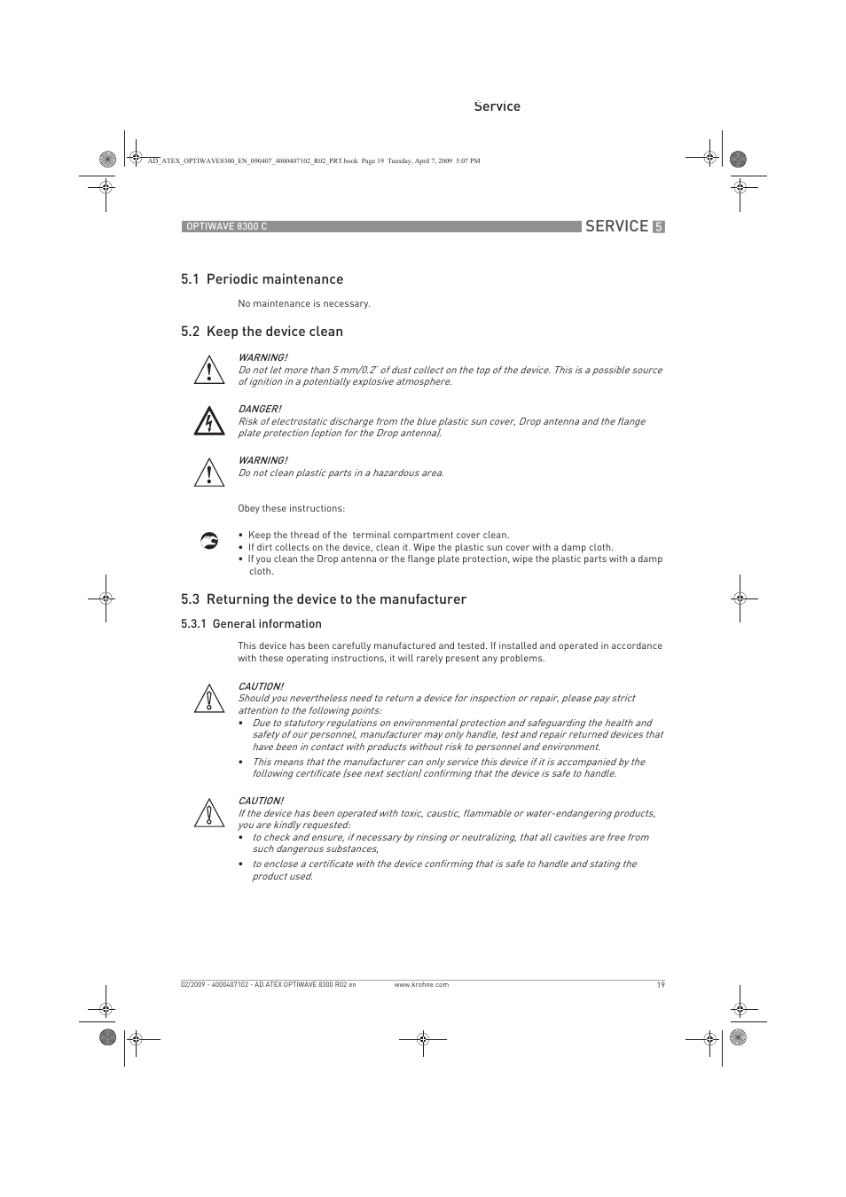 Service, Service 5.1 periodic maintenance, 2 keep the device clean | 3 returning the device to the manufacturer | KROHNE OPTIWAVE 8300C Marine ATEX EN User Manual | Page 19 / 28