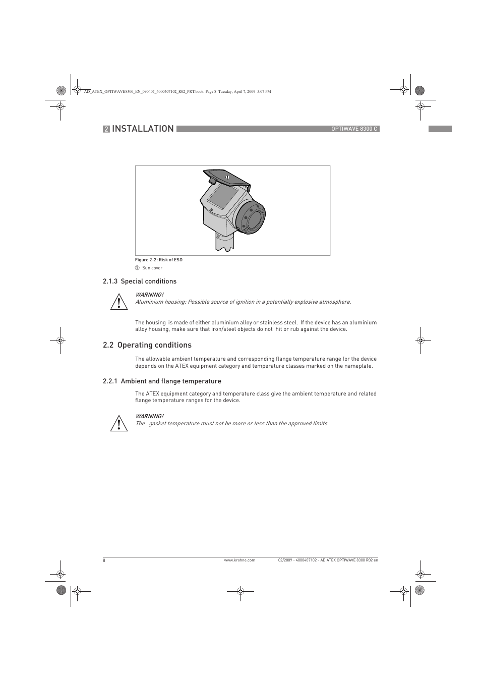 Installation, 2 operating conditions | KROHNE OPTIWAVE 8300C Marine ATEX EN User Manual | Page 8 / 28