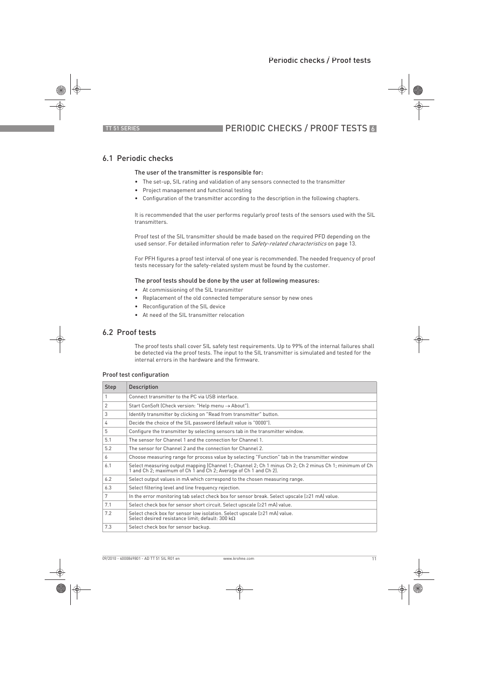 Periodic checks / proof tests, Periodic checks / proof tests 6.1 periodic checks, 2 proof tests | KROHNE TT 51 SERIES EN User Manual | Page 11 / 24
