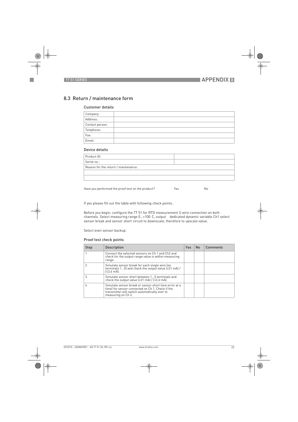 Appendix, 3 return / maintenance form | KROHNE TT 51 SERIES EN User Manual | Page 23 / 24