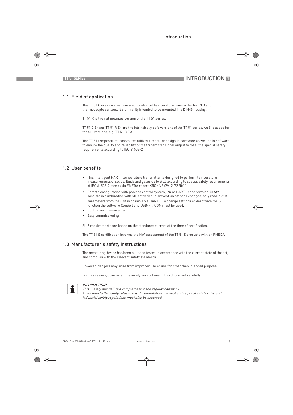 Introduction, Introduction 1.1 field of application, 2 user benefits | 3 manufacturer’s safety instructions | KROHNE TT 51 SERIES EN User Manual | Page 3 / 24