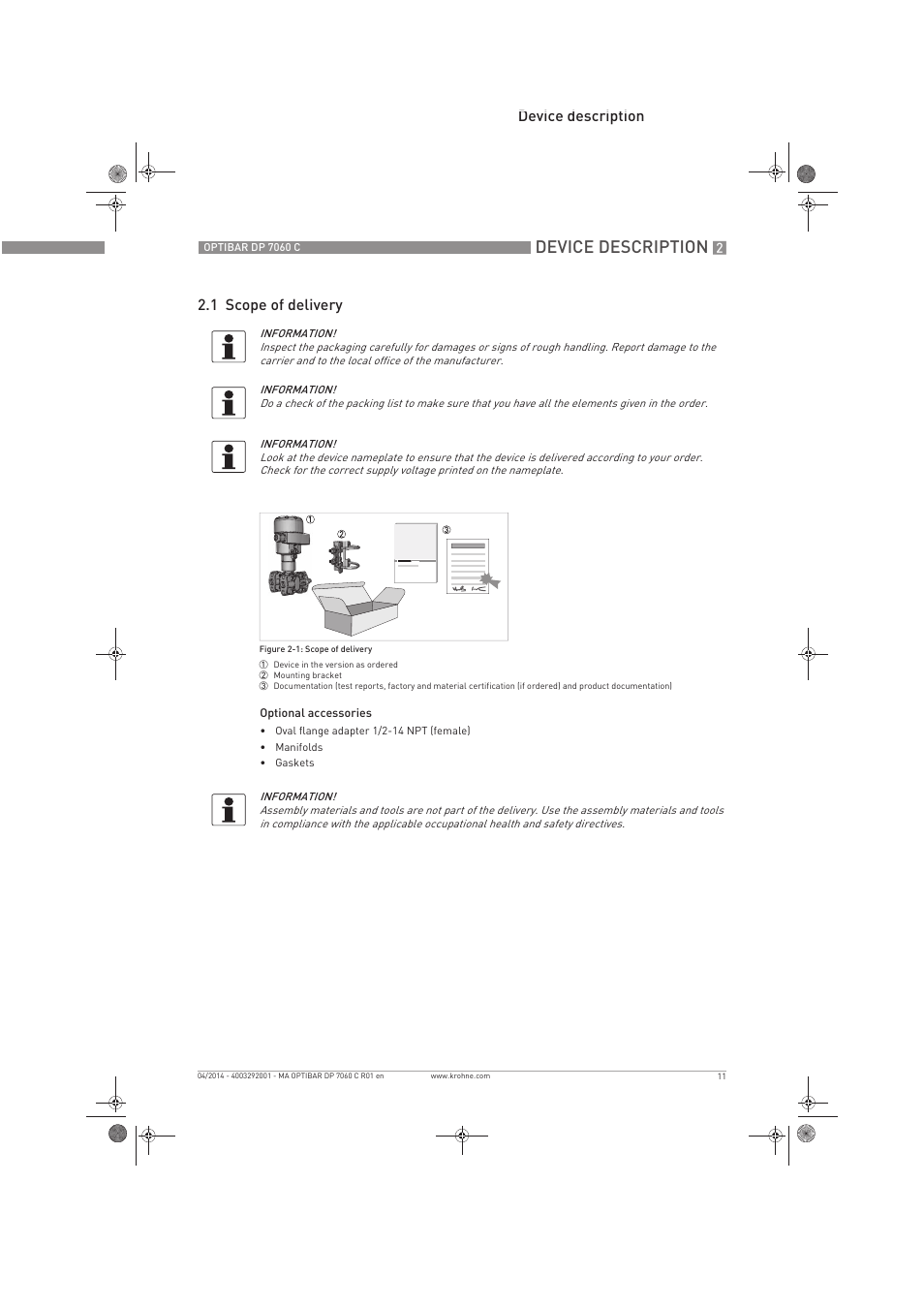 Device description, Device description 2.1 scope of delivery | KROHNE OPTIBAR DP 7060 C EN User Manual | Page 11 / 84