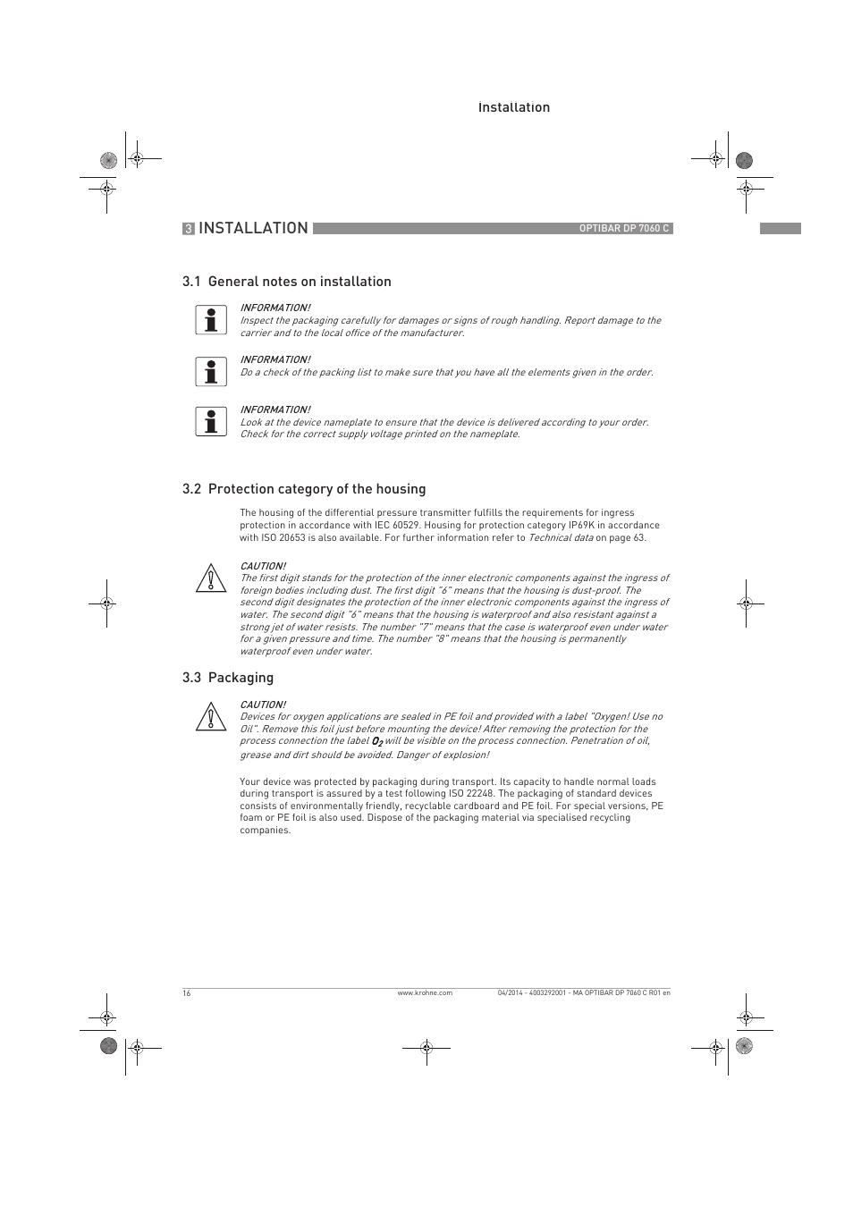 Installation, 3 packaging | KROHNE OPTIBAR DP 7060 C EN User Manual | Page 16 / 84
