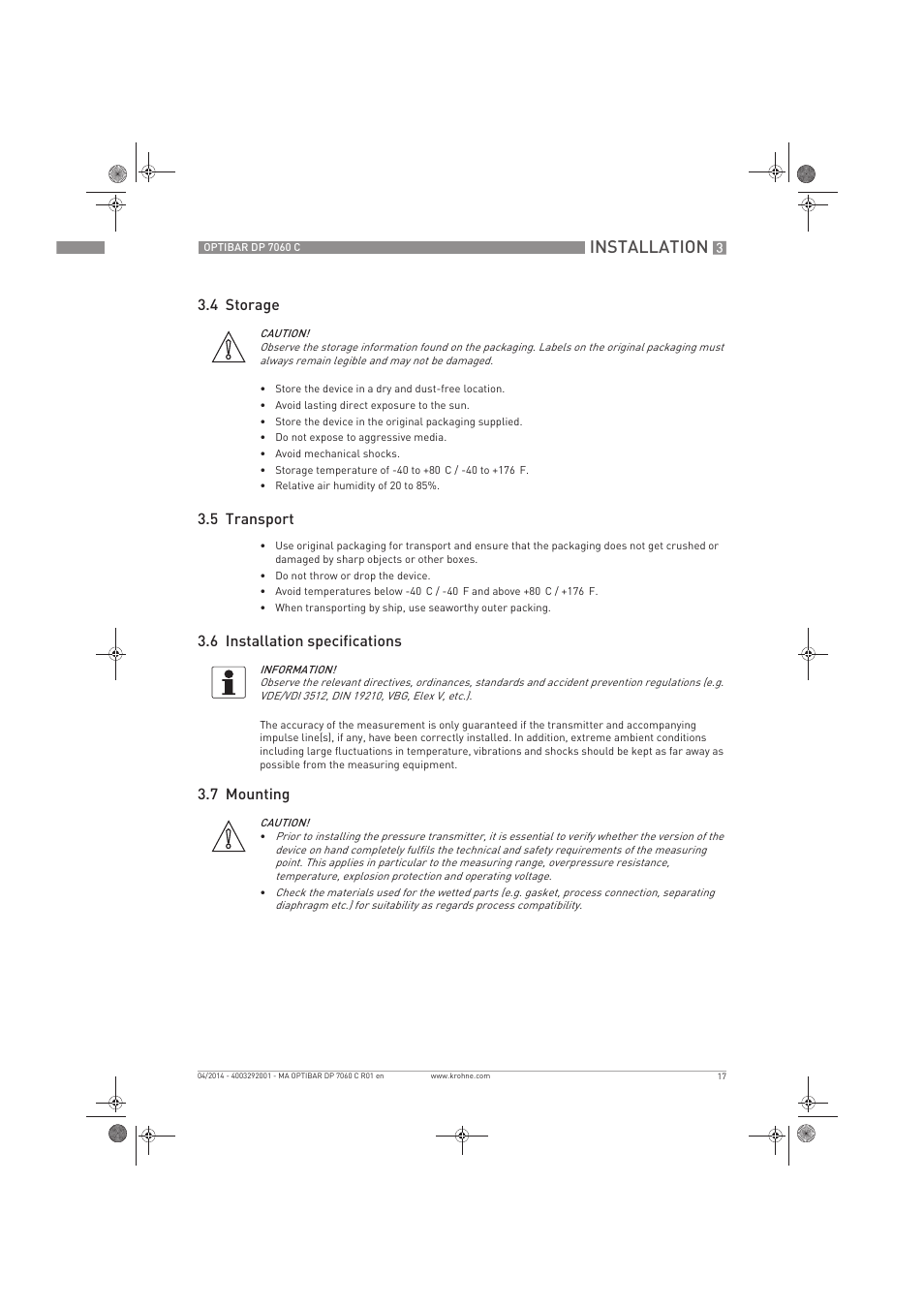 Installation, 4 storage, 5 transport | 6 installation specifications, 7 mounting | KROHNE OPTIBAR DP 7060 C EN User Manual | Page 17 / 84