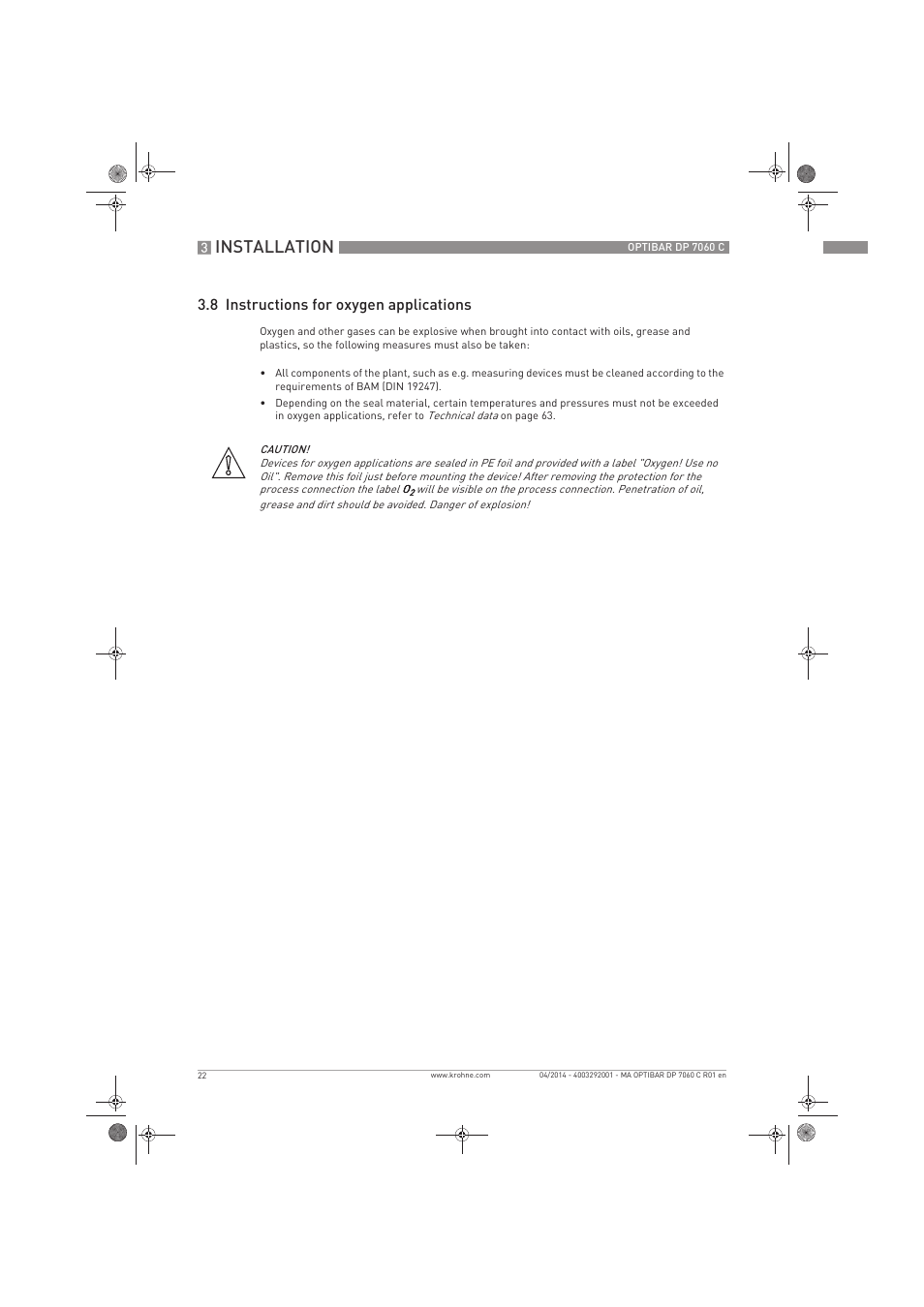 Installation, 8 instructions for oxygen applications | KROHNE OPTIBAR DP 7060 C EN User Manual | Page 22 / 84