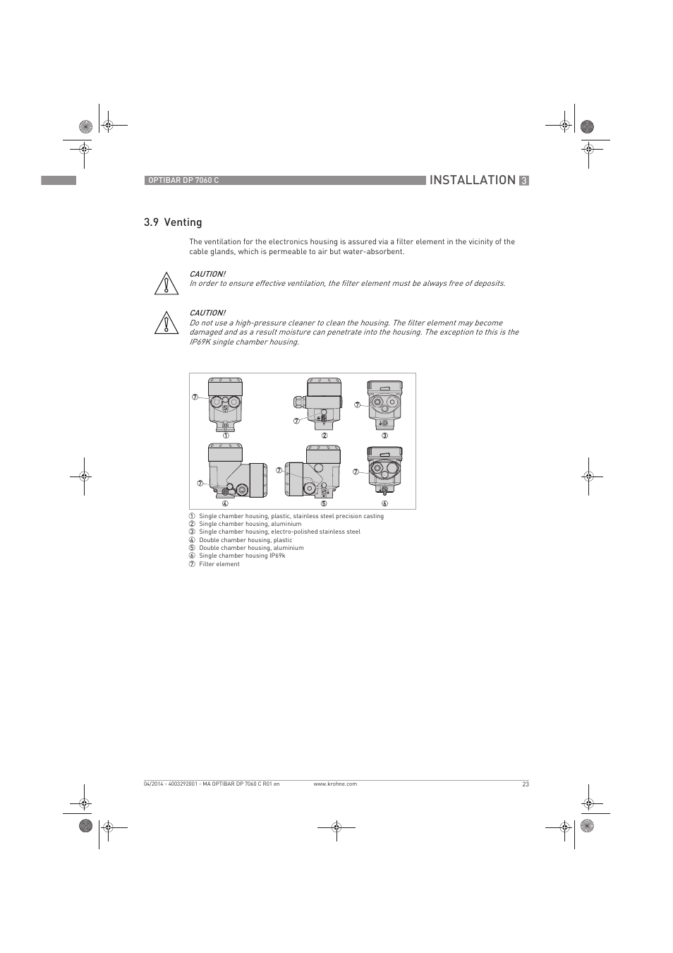 Installation, 9 venting | KROHNE OPTIBAR DP 7060 C EN User Manual | Page 23 / 84