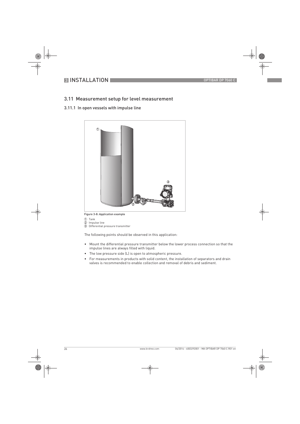 Installation, 11 measurement setup for level measurement | KROHNE OPTIBAR DP 7060 C EN User Manual | Page 26 / 84