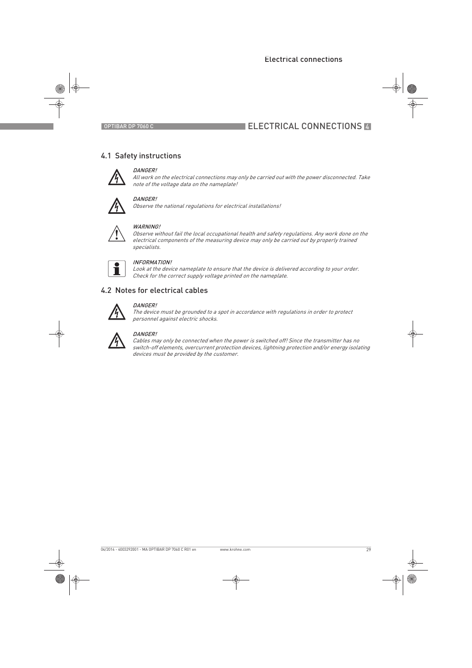 Electrical connections | KROHNE OPTIBAR DP 7060 C EN User Manual | Page 29 / 84