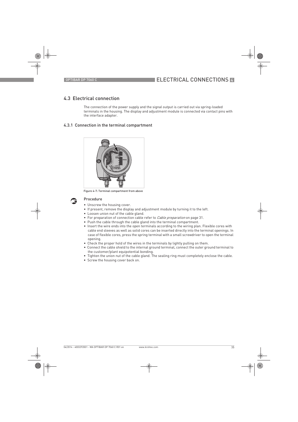 Electrical connections, 3 electrical connection | KROHNE OPTIBAR DP 7060 C EN User Manual | Page 35 / 84