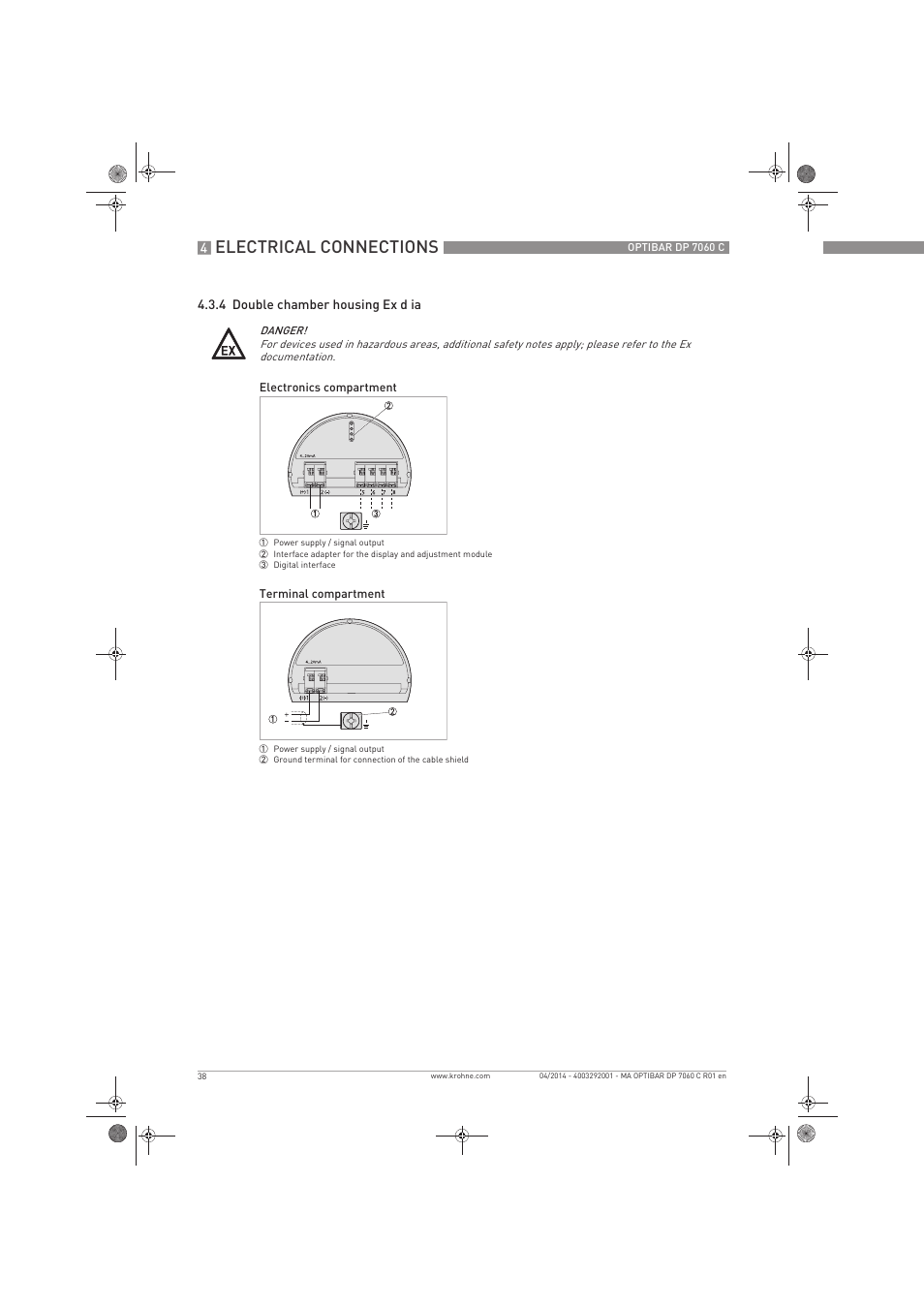 Electrical connections | KROHNE OPTIBAR DP 7060 C EN User Manual | Page 38 / 84