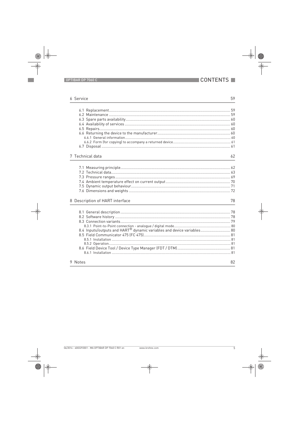 KROHNE OPTIBAR DP 7060 C EN User Manual | Page 5 / 84