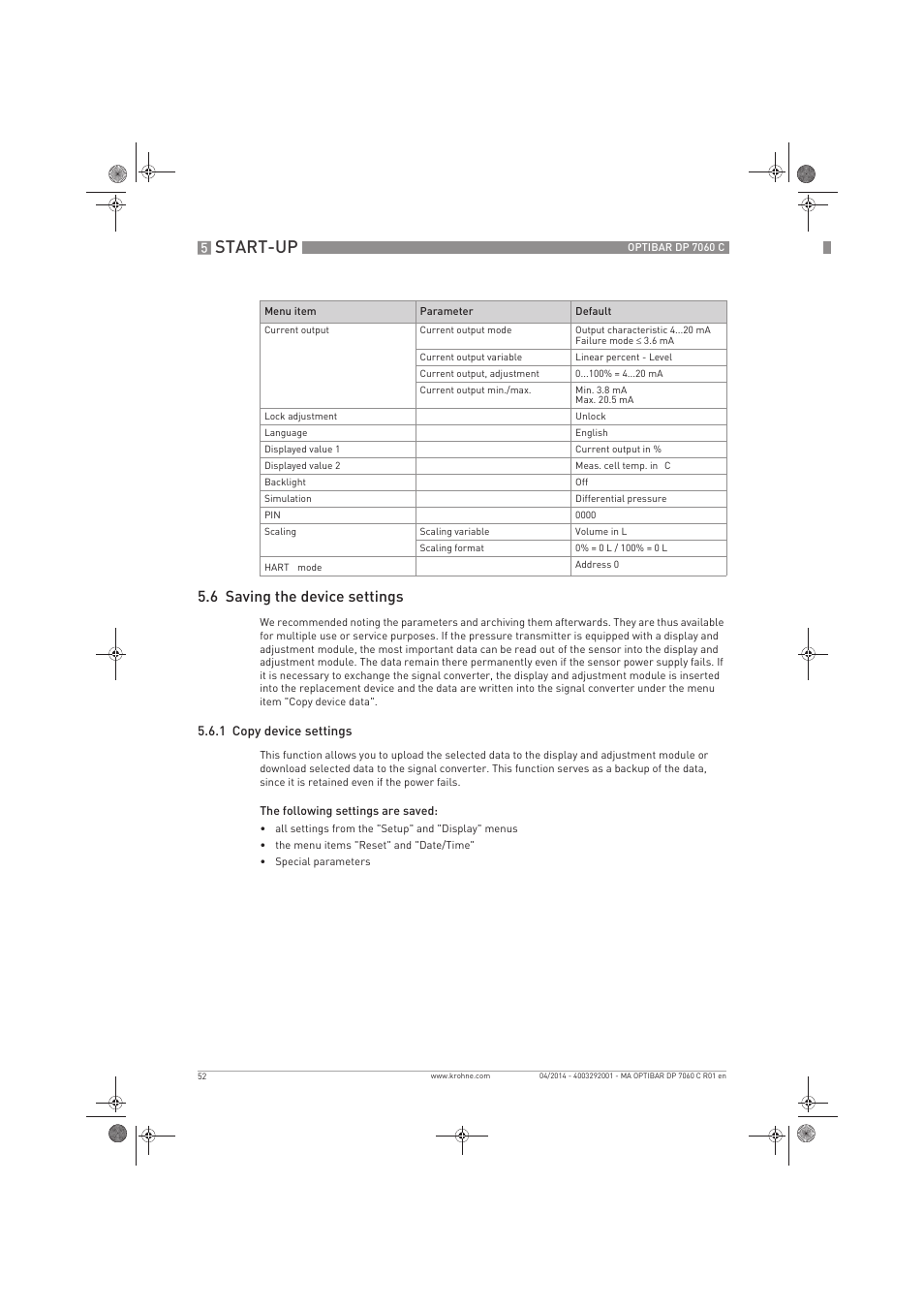 Start-up, 6 saving the device settings | KROHNE OPTIBAR DP 7060 C EN User Manual | Page 52 / 84