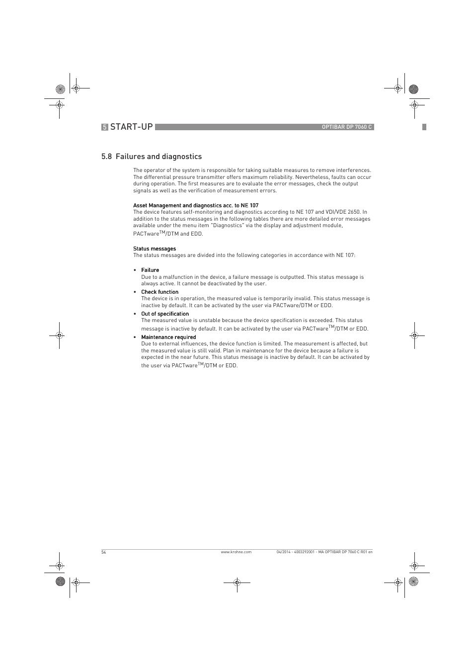 Start-up, 8 failures and diagnostics | KROHNE OPTIBAR DP 7060 C EN User Manual | Page 54 / 84