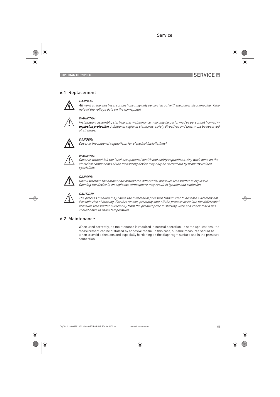 Service, Service 6.1 replacement 6.2 maintenance | KROHNE OPTIBAR DP 7060 C EN User Manual | Page 59 / 84