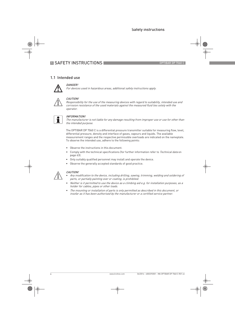 Safety instructions, Safety instructions 1.1 intended use | KROHNE OPTIBAR DP 7060 C EN User Manual | Page 6 / 84