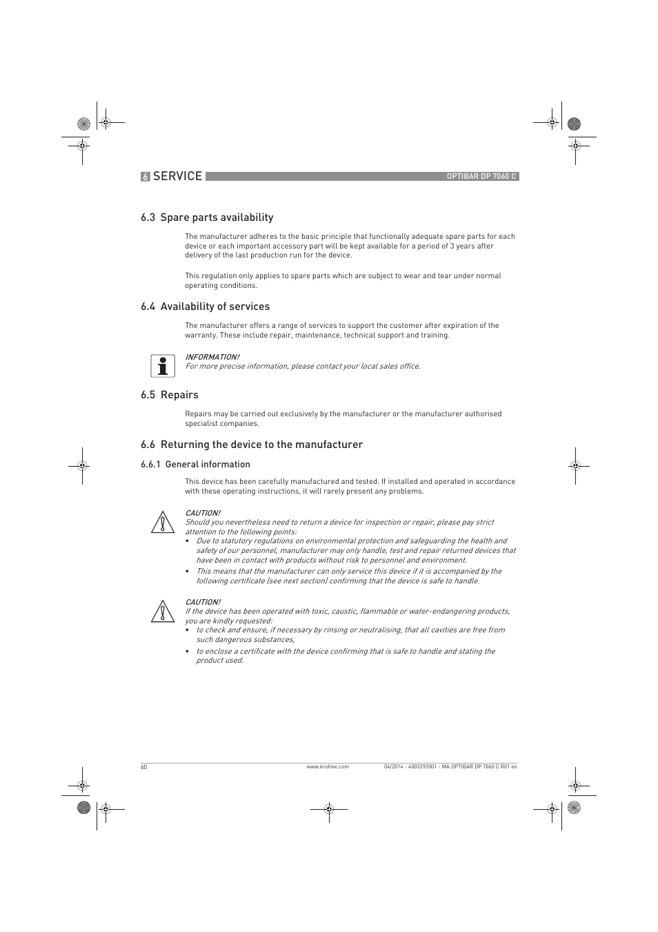 Service, 3 spare parts availability, 4 availability of services | 5 repairs, 6 returning the device to the manufacturer | KROHNE OPTIBAR DP 7060 C EN User Manual | Page 60 / 84