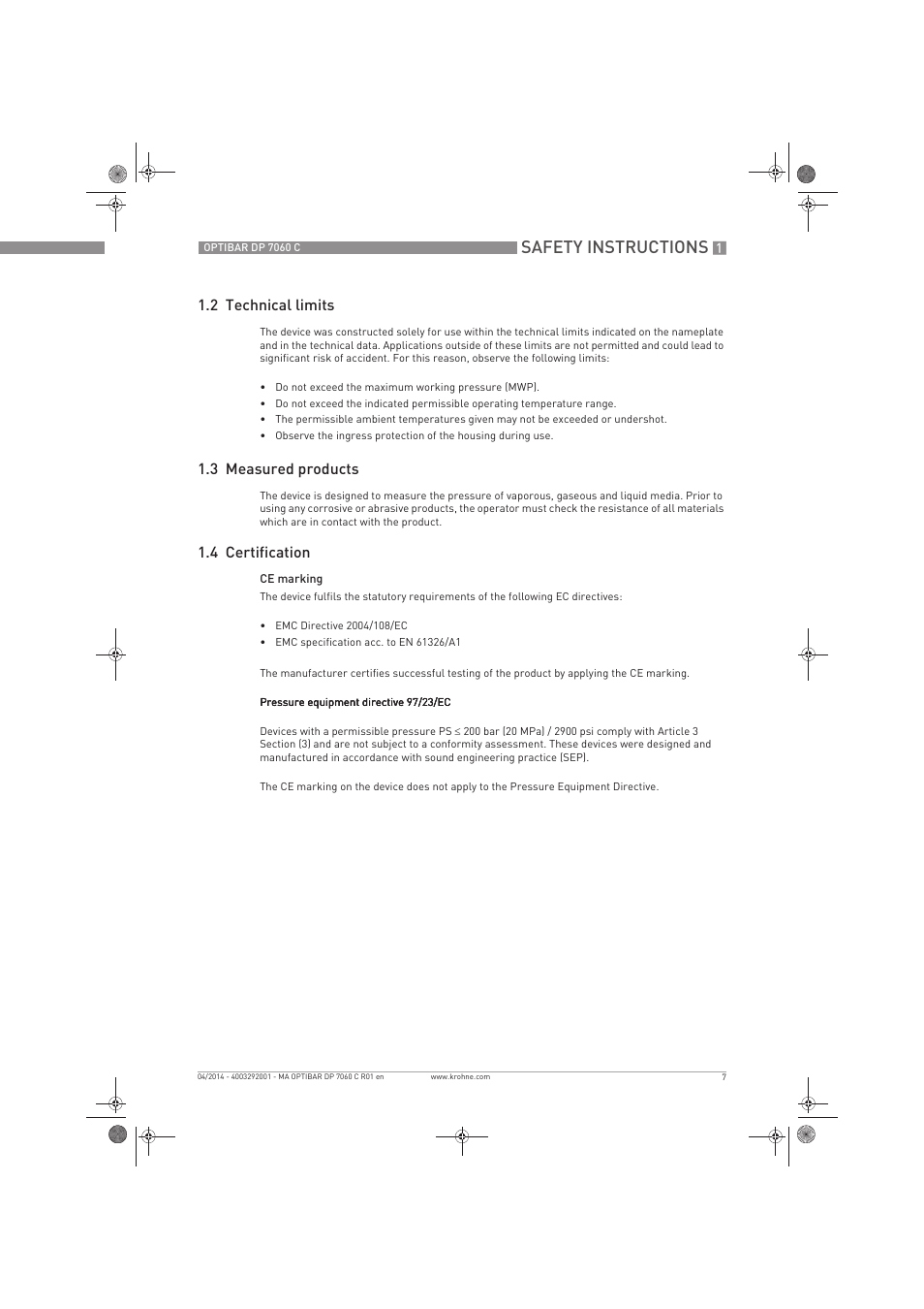 Safety instructions, 2 technical limits, 3 measured products | 4 certification | KROHNE OPTIBAR DP 7060 C EN User Manual | Page 7 / 84