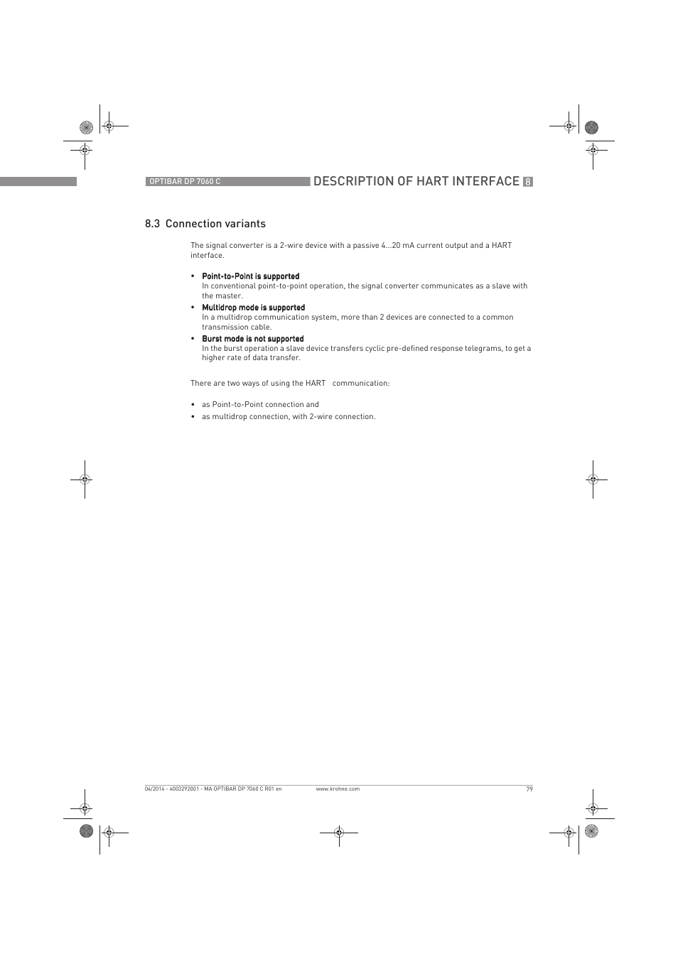 Description of hart interface, 3 connection variants | KROHNE OPTIBAR DP 7060 C EN User Manual | Page 79 / 84