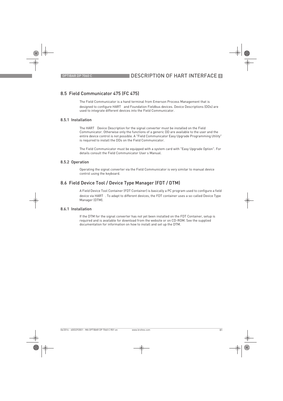 Description of hart interface | KROHNE OPTIBAR DP 7060 C EN User Manual | Page 81 / 84