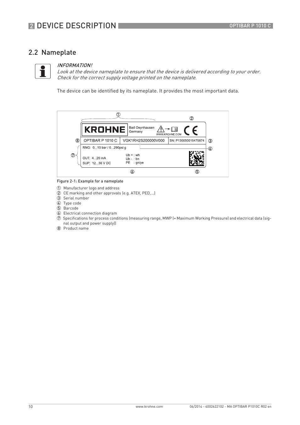 Device description, 2 nameplate | KROHNE OPTIBAR P 1010 C EN User Manual | Page 10 / 28