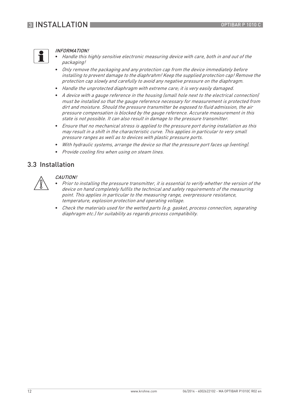 Installation, 3 installation | KROHNE OPTIBAR P 1010 C EN User Manual | Page 12 / 28